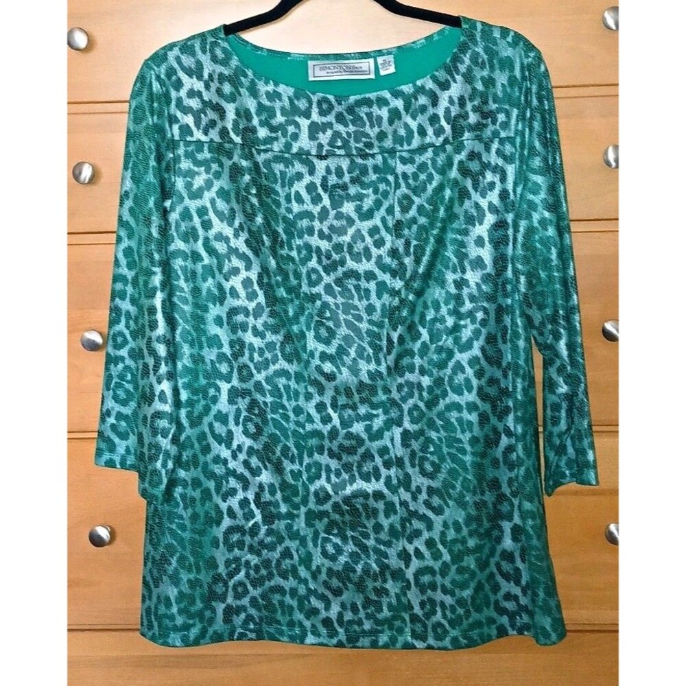 Simonton Says Womens XL Green Animal Embossed Metallic Knit Top 3/4 Slv A199430
